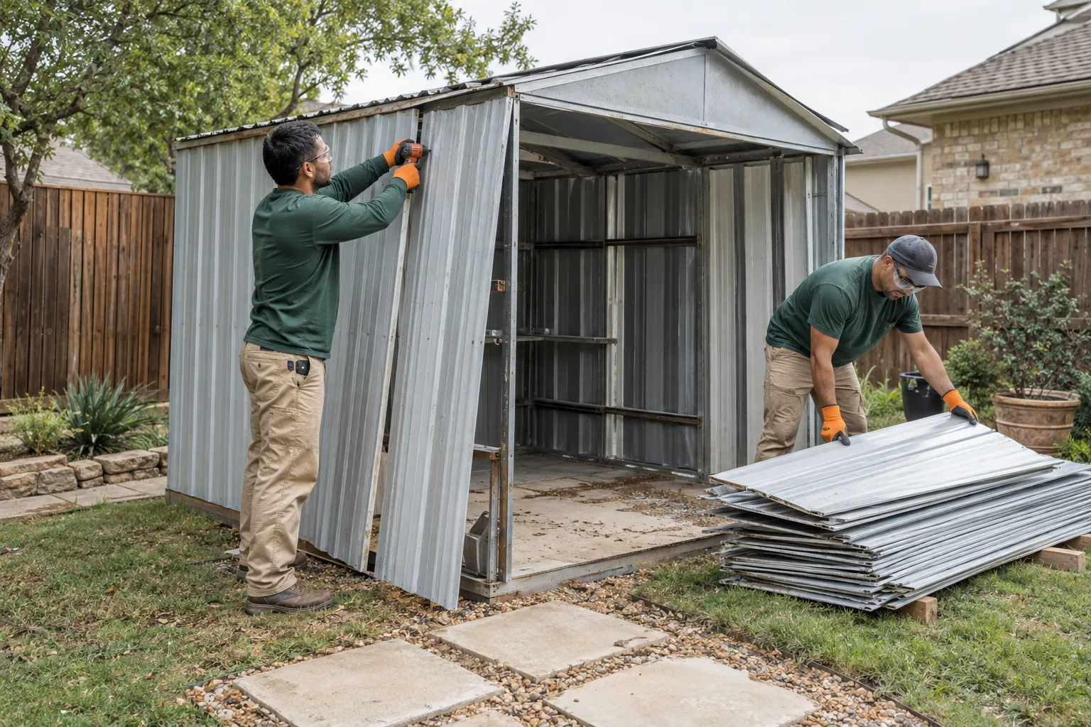 Crew performing metal shed removal work