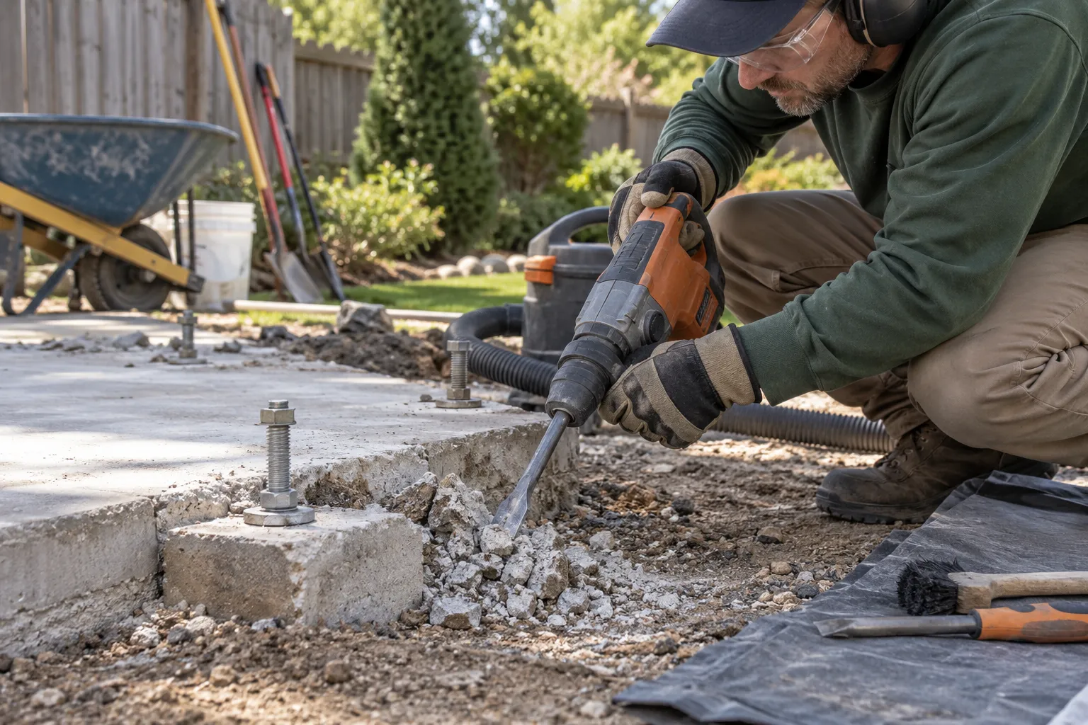 Detail view of shed foundation removal preparation and material handling