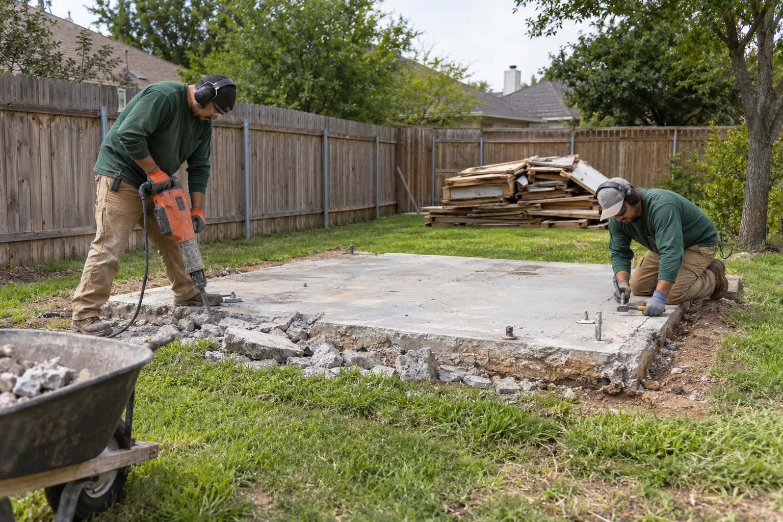 Crew performing shed foundation removal work