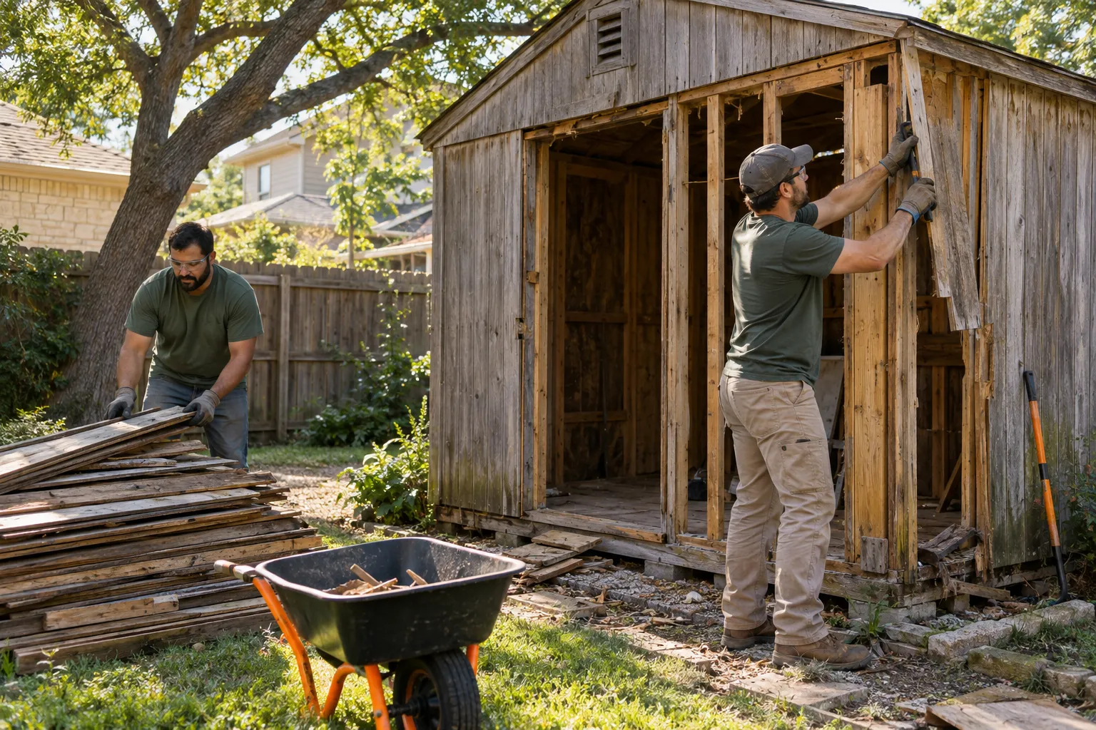 Crew performing wood shed removal work